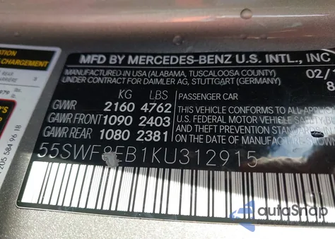 2019 Mercedes-Benz C 300 4Matic из США, поврежденный, VIN 55SWF8EB1KU312915